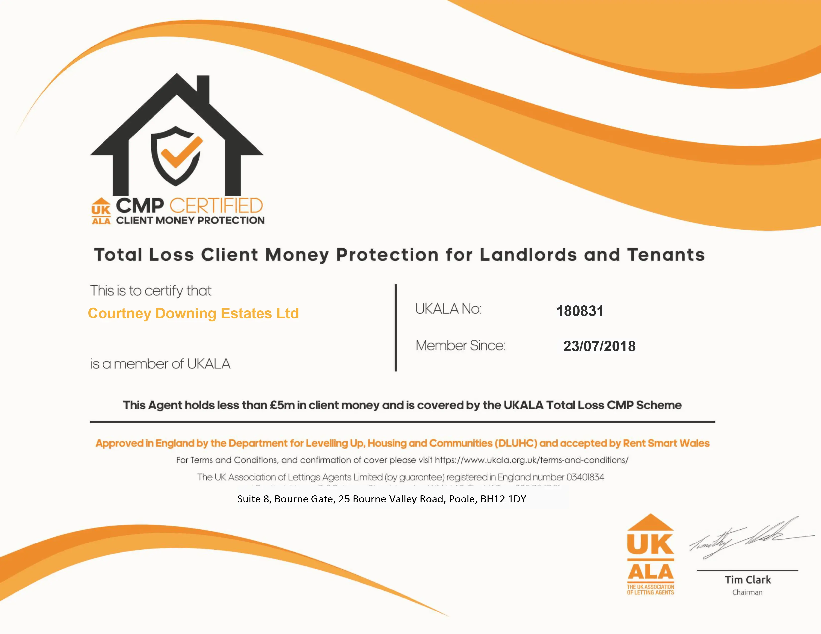 Courtney Downing Estates Ltd UKALA certificate